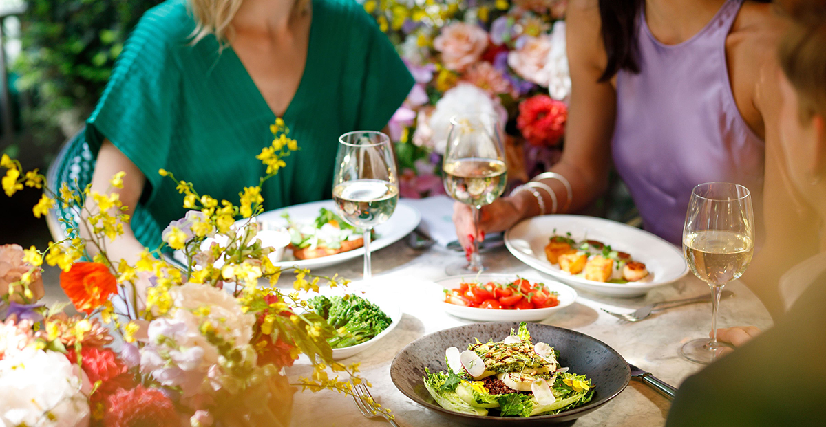 A spring themed dinner spread at The Ivy restaurant